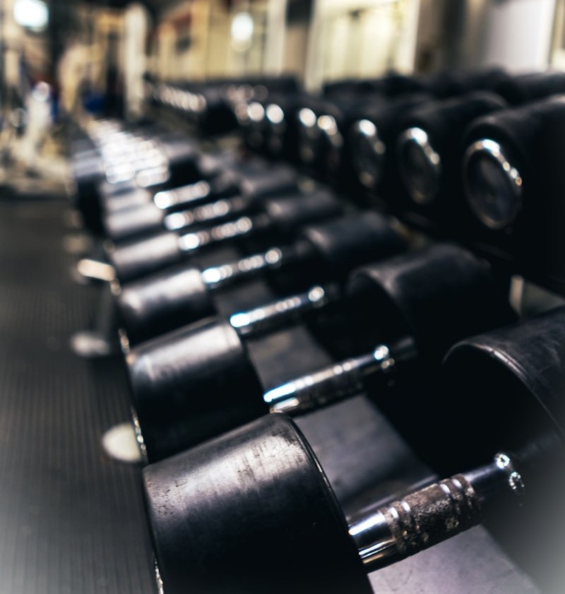 Rows of black dumbbells arranged on a metal rack inside a gym